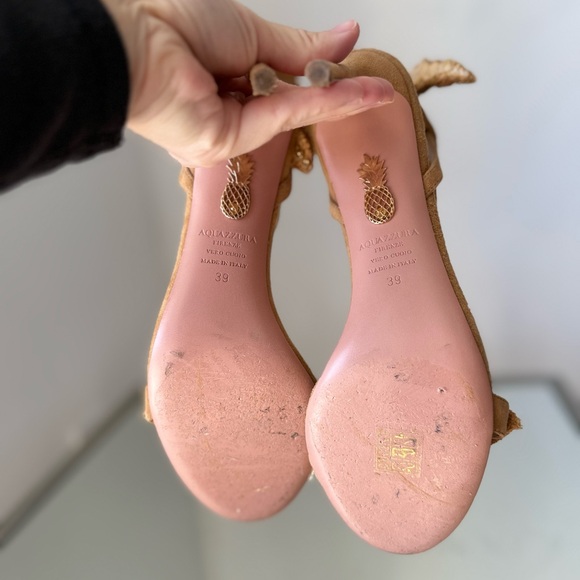 Like new AQUAZZURA SUEDE LEATHER ISLA SANDALS WITH RHINESTONED RAFFIA DETAIL - Picture 10 of 12